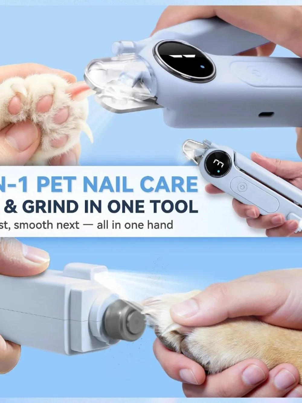 2-in-1 Quiet Electric Pet Nail Clipper Grinder with Light for Dogs Cats - Blue